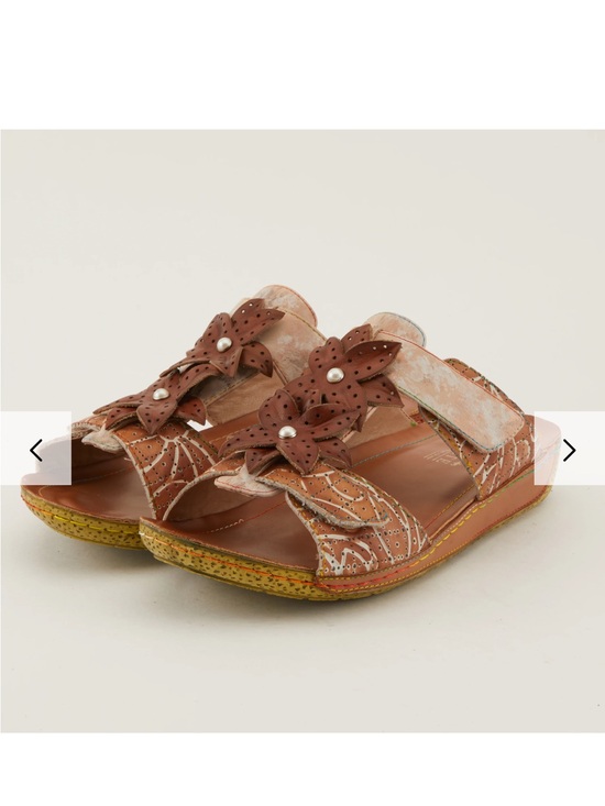 L'artiste Shoes - Casual Brown Floral Pearl-Accent Slide Sandals
